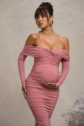 Blush Bardot Twist Maternity Midi Dress